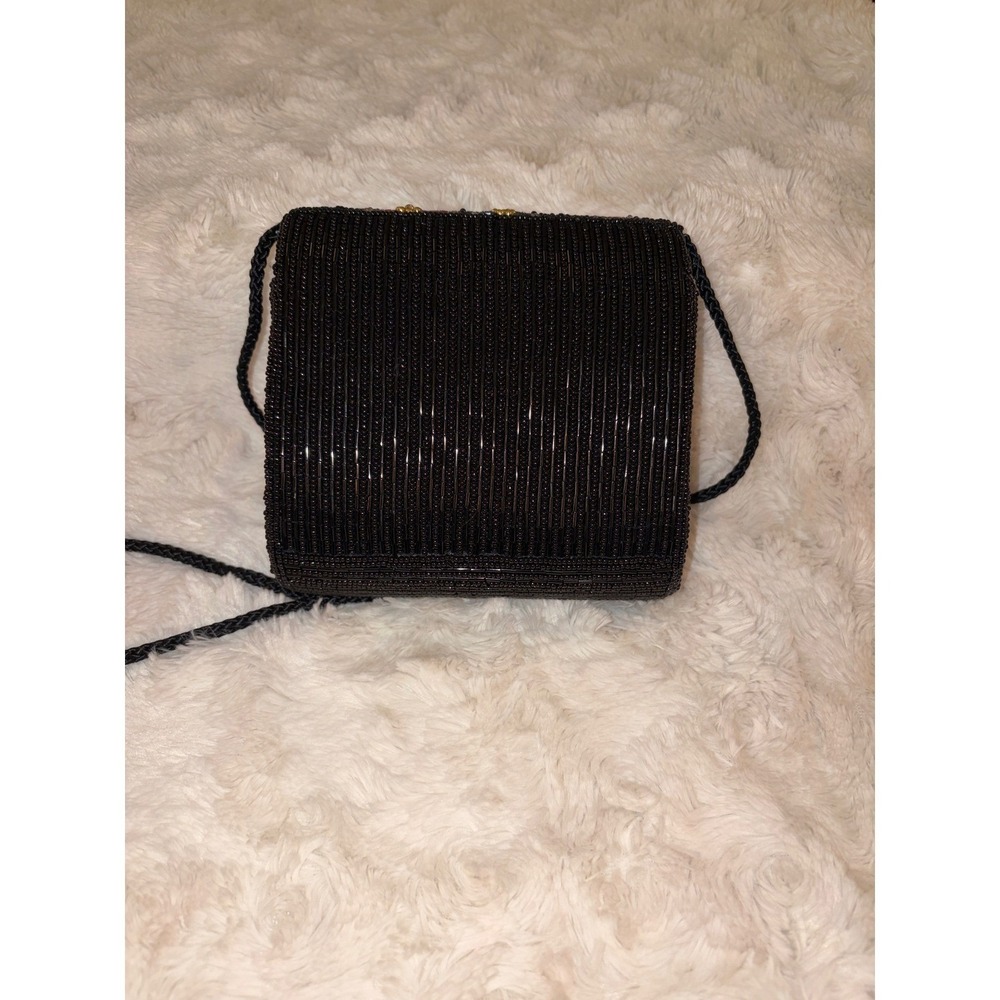 76. Vintage Lord & Taylor Beaded Floral Black Holiday Evening Bag Crossbody Y2K - Picture 3 of 4